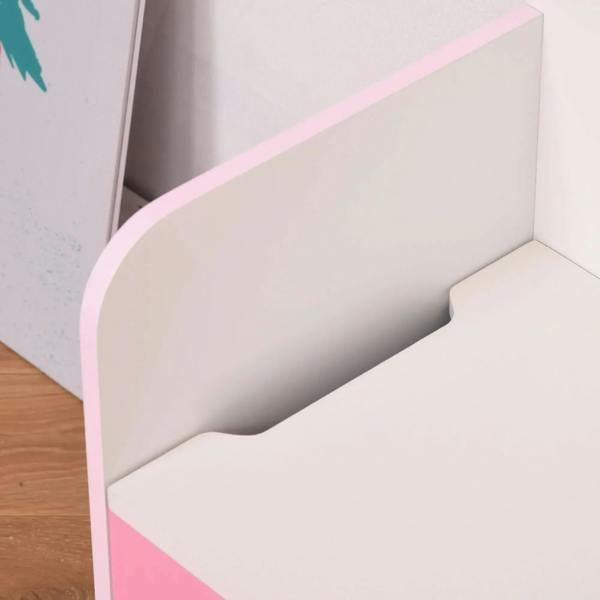 Rounded corner inside panel of a pink kids toy box storage bench, view of interior.