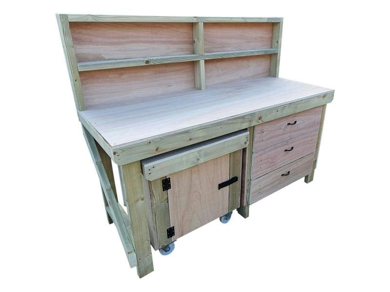 Arbor Garden Solutions Wooden Eucalyptus hardwood top workbench with drawers and functional lockable cupboard (V.6) with back