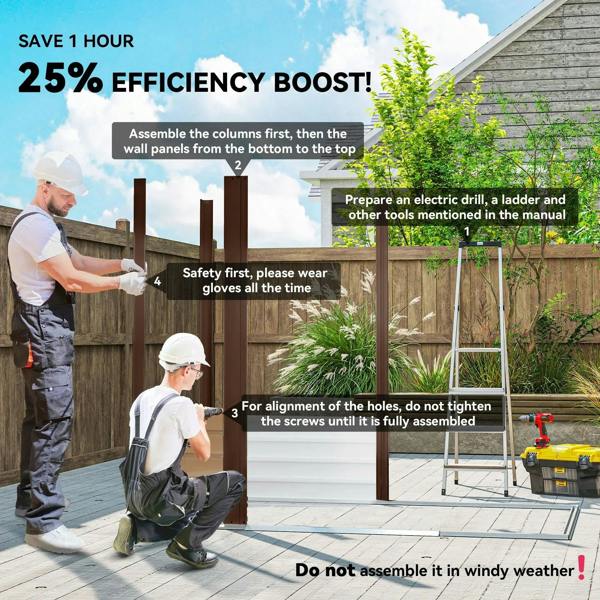 Oak metal garden shed frame with panels during assembly, showing safety gloves