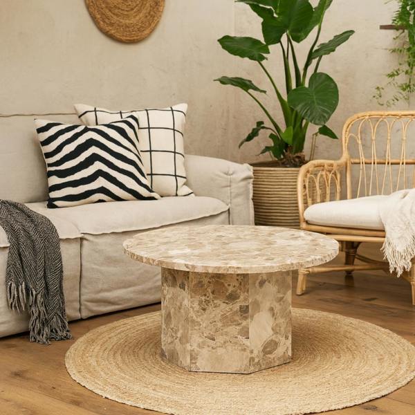 Wyld Haus Bremen Brown Marble Round Coffee Table Hexagon Base