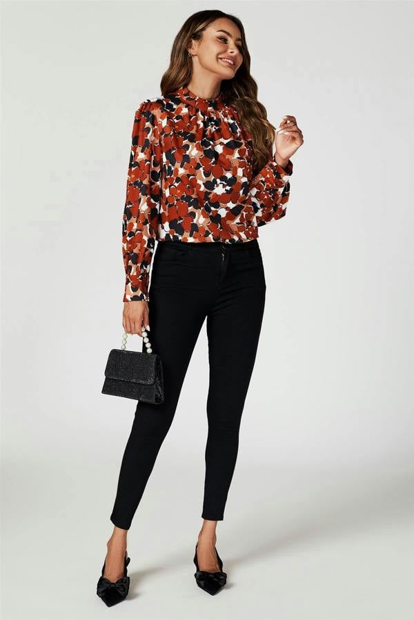 FS Collection Floral Print Long Sleeve High Neck Top In Rust