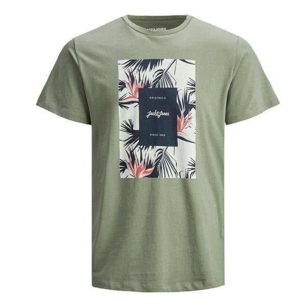Jack & Jones Men's Floral Logo T Shirt Cotton Crew Neck Casual Tee, Sea Spray
