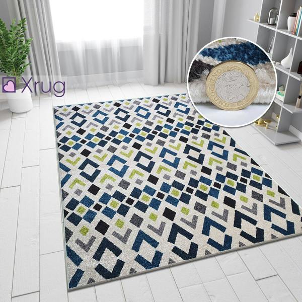 Cream Blue Green Rug Geometric Diamond Pattern Carpet Runner Modern Small Large