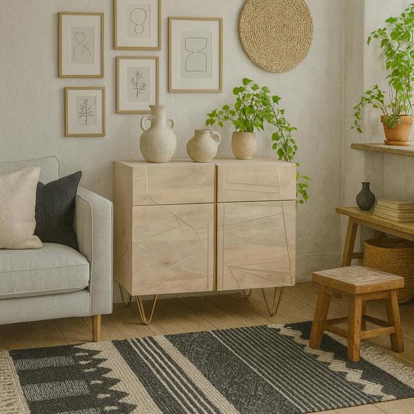 Wyld Haus Bali Light Natural Mango Wood and Gold Sideboard 2 Drawers 2 Doors 2 Shelves