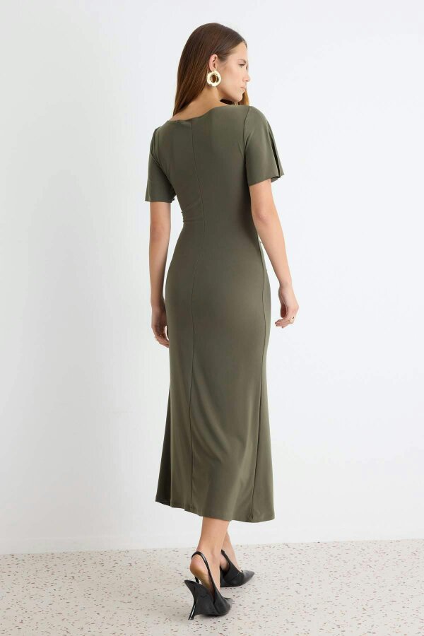 WOVCOR Boat Neck Short Sleeve Ruched Midi Bodycon Dress