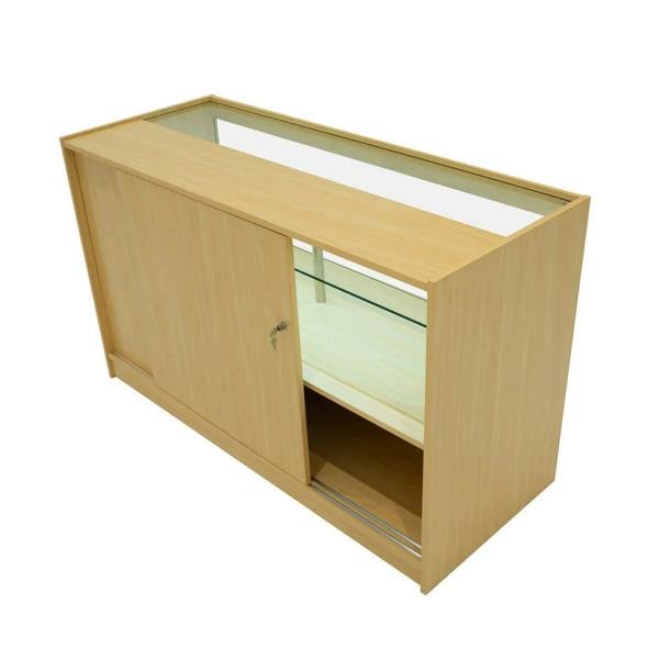Adonis LED Shop Counter Set in maple finish, featuring a sleek design, sliding glass doors, and illuminated display area for products