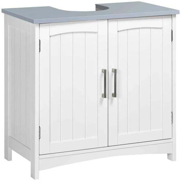 White under-sink storage cabinet with double doors and brushed metal handles