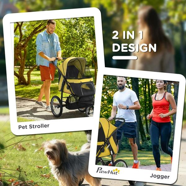 Yellow pet stroller jogger 2-in-1 design card showing stroller and jogging use