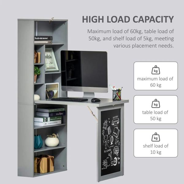 Grey folding convertible desk with open storage shelves and built-in chalkboard panel