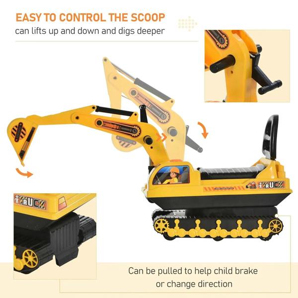 Yellow ride-on excavator toy with liftable scoop arm and control handle