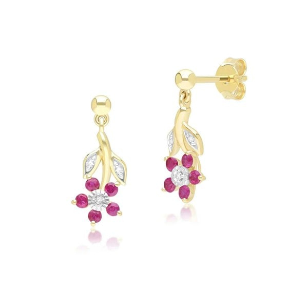 Gemondo Floral Ruby & Diamond Drop Earrings in 9ct Yellow Gold