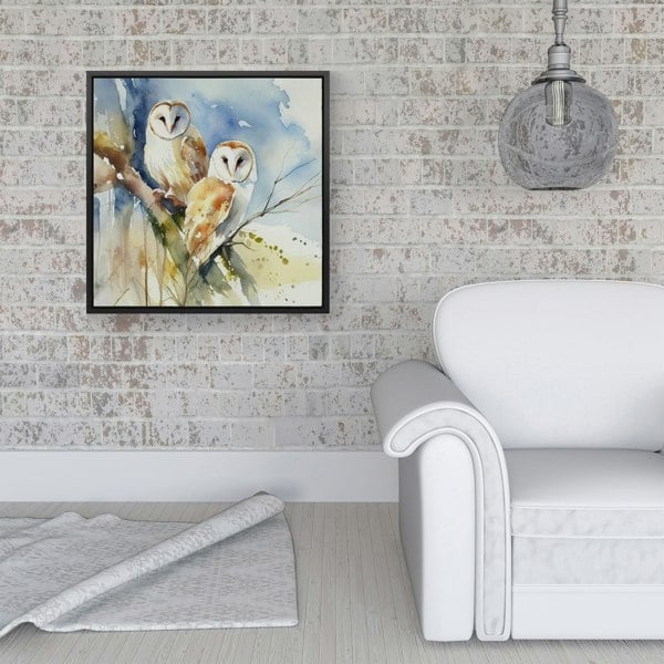 Warren Reed Barn Owls Watercolour Framed Canvas