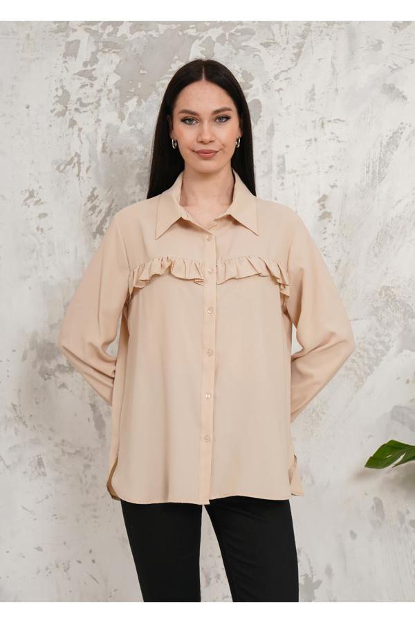Hoxton Gal Oversized Frill Detailed Long Sleeves Blouse Shirt in Beige