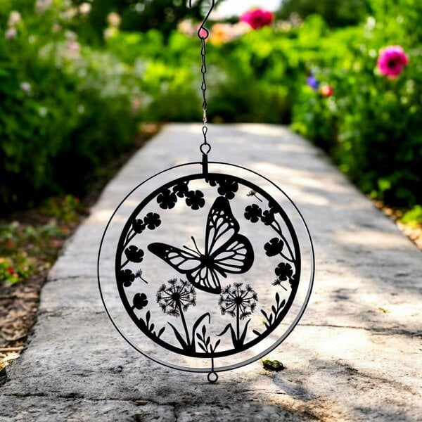 EDH Door Hardware Black Metal Butterfly Hanging Silhouette Orbit Spinner – 39cm x 23cm | Elegant Outdoor Garden Décor | Wind Spinner