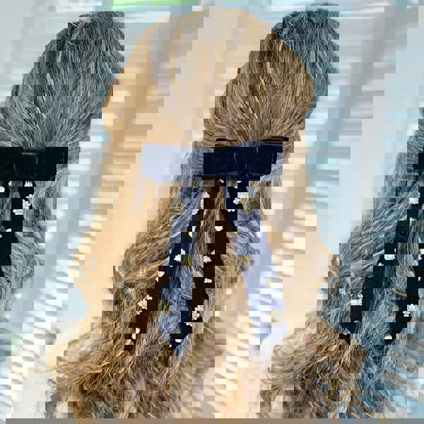 Black Velvet Bow Hair Clip with Jewels Hair Down