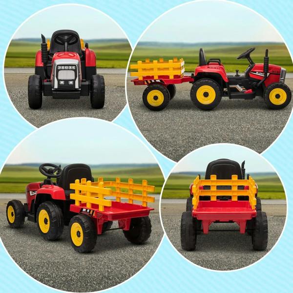 Red ride-on tractor with detachable yellow trailer shown from multiple angles
