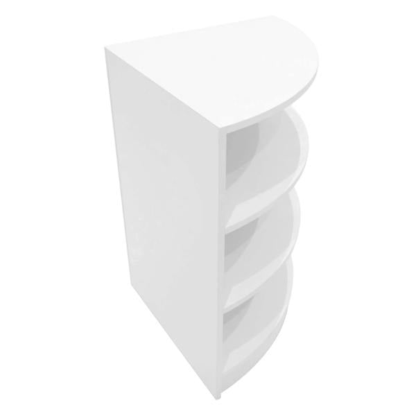 Curved white LED shop counter with four open shelves, designed for modern retail displays and efficient product organization