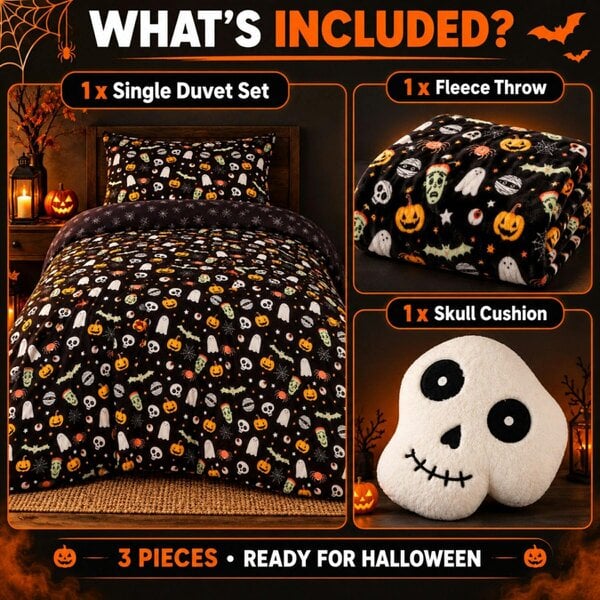 Smart Living 3 Piece Halloween Bedding WOW DEAL - Single Duvet Set + Fleece Throw + Skull Cushion