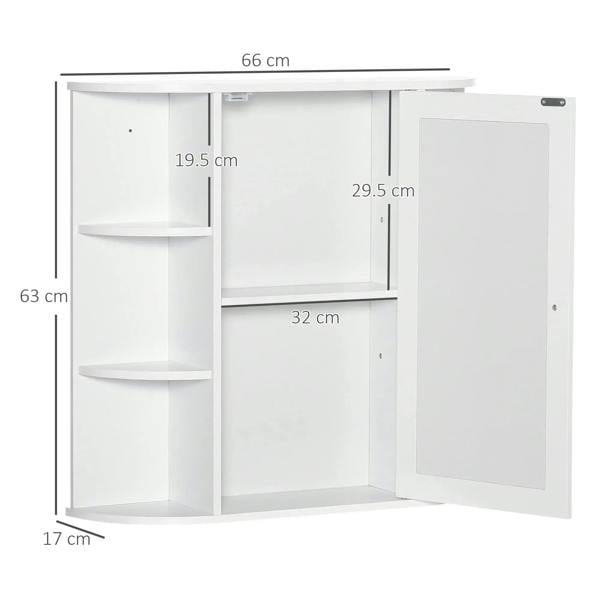 White wall-mounted bathroom cabinet with mirror door and two open shelves, shown with size guides