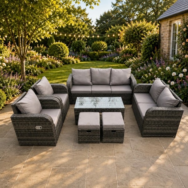 Fimous 9 Seater Wicker Patio Set, Garden Furniture, Coffee Table, Reclining Chair, Loveseat Sofa and 2 Small Footstools, Dark Grey Mixed