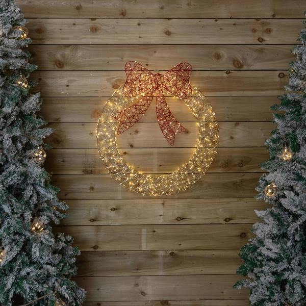 Samuel Alexander 70cm Light Up Christmas Wreath with 750 Warm White LEDs, Timer & Red Bow