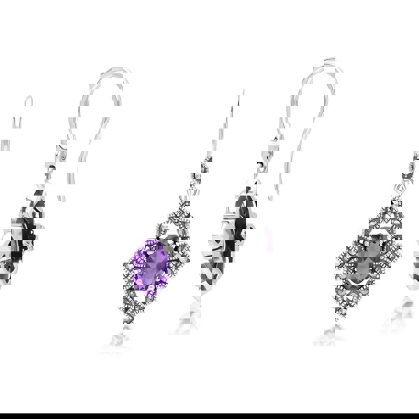 Gemondo Art Deco Style Oval Amethyst & Marcasite Drop Earrings in Sterling Silver