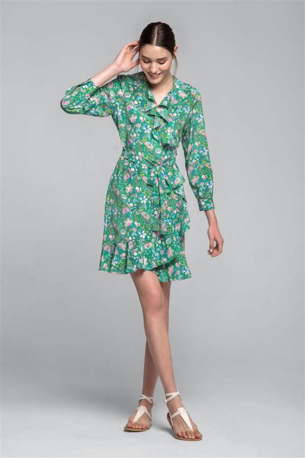Rumour London Abby ruffled silk wrap dress in green floral print