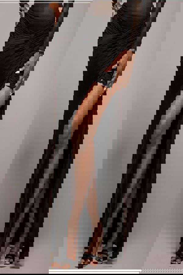 Asymmetric Gathered Front Split Maxi Skirt - Black SK62