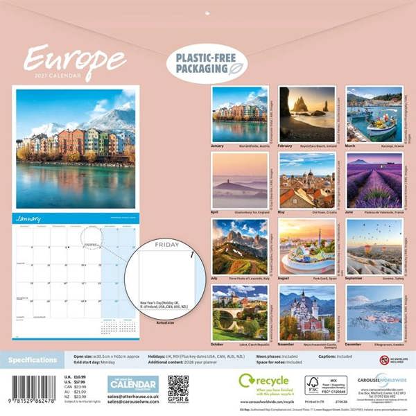 Europe Calendar 2027, Wall Calendars, Month To View, Travel, Gift