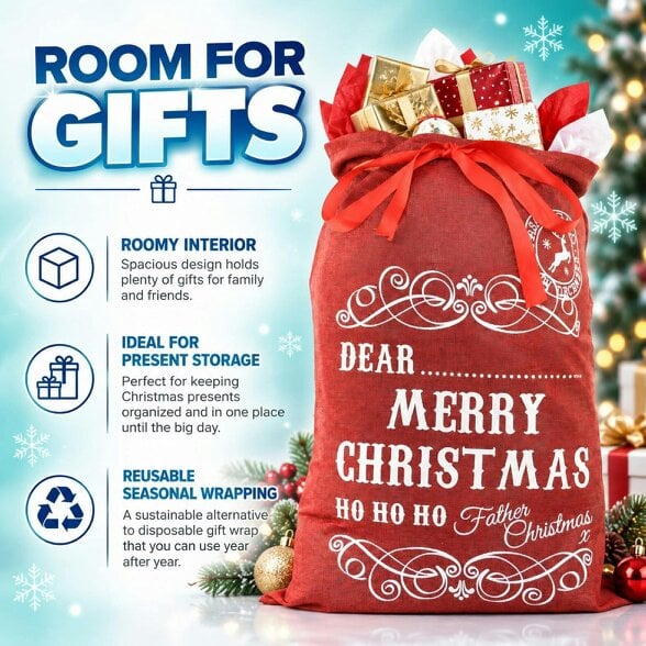 Shatchi 31cm Red Christmas Gift Sack with Ribbon Tie for Personalised Festive Present Wrapping