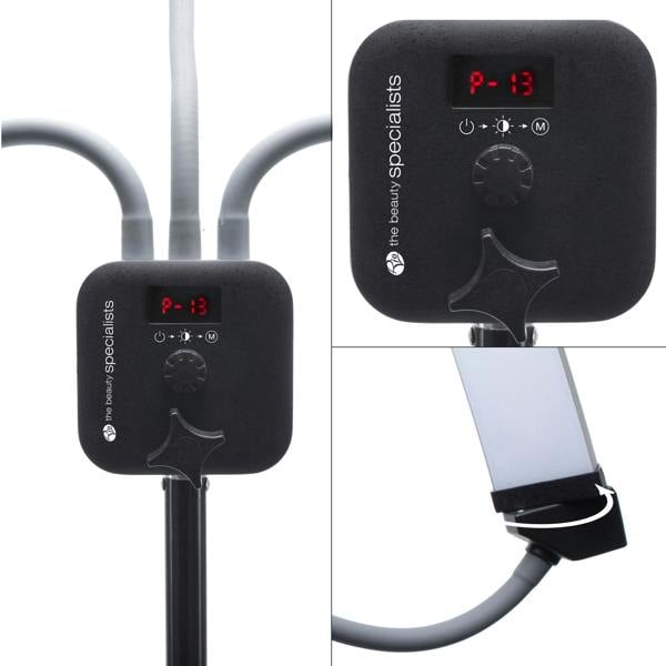 A close-up of the Rio Professional Twin LED Strip Lights’ black control panel with digital display and dials, mounted on a ring light stand—perfect for makeup artists and content creation, plus a view of the rectangular LED strip light attachment.