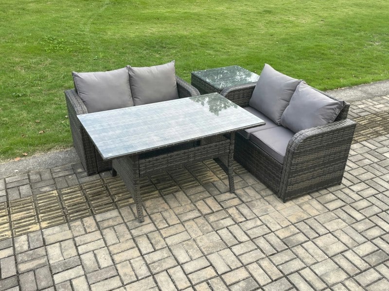 Fimous 4 Seater Rattan Outdoor Garden Furniture Set Rectangular Dining Table and Loveseat Sofa Set With Side Table Dark Grey Mixed