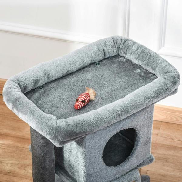 Grey plush cat cave bed with top perch and striped hanging toy ball