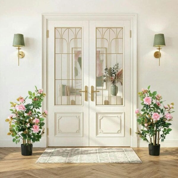 90cm Artificial Rose Tree Set of 2, Decorative Fake Plant with 344 Silk Leaves 17 Flowers for Outdoor Indoor Decor, Pink - Pink