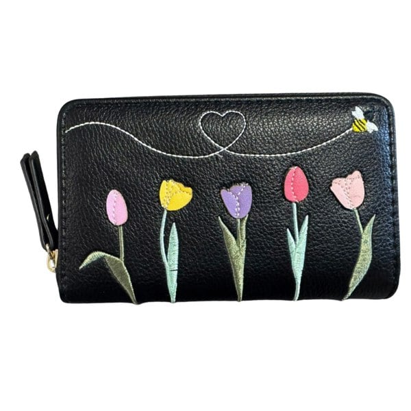 Fores Collection Embroidered Bee & Tulips Zip Around Card & Coin Purse