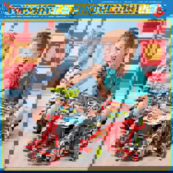 deAO 2-in-1 Transforming Fire Truck Playset with ladder launcher & mini cars - interactive rescue toy, perfect for birthdays and Christmas