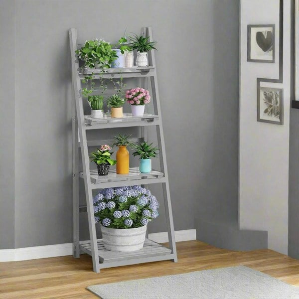 Modcraft 4-Tier Grey Foldable Wooden Plant Stand – Ladder Shelf Display Rack