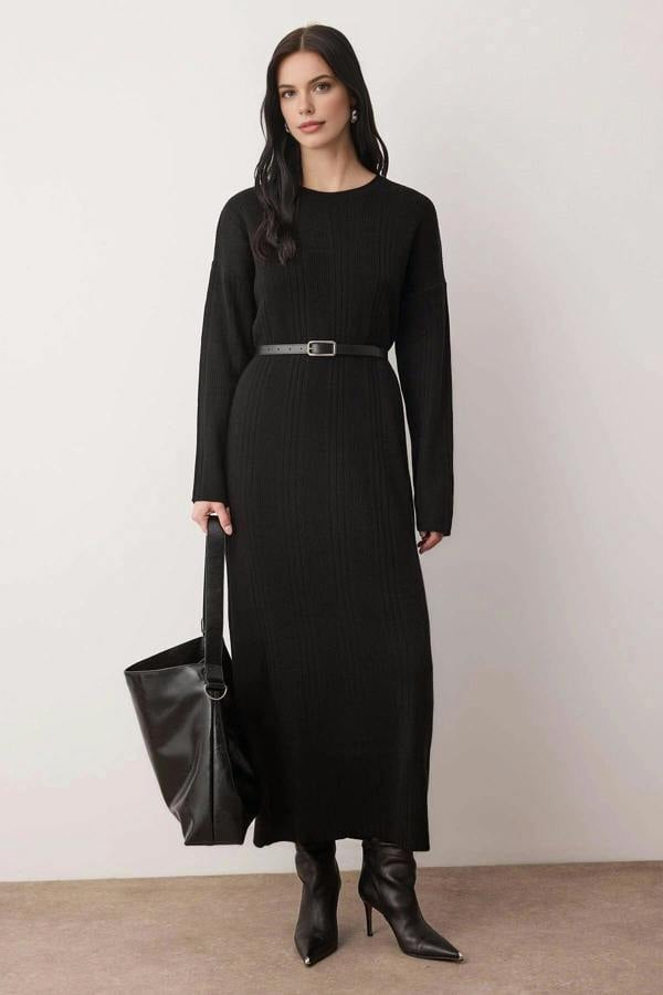 WOVCOR Belted Knit Ribbed Dress