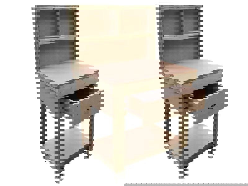 Wooden MDF Top Workbench – Mobile Tool Cabinet with Drawers, Back Panel and wheels, Ideal for Dry Indoor Spaces Such as Garages, Workshops, and Studios.