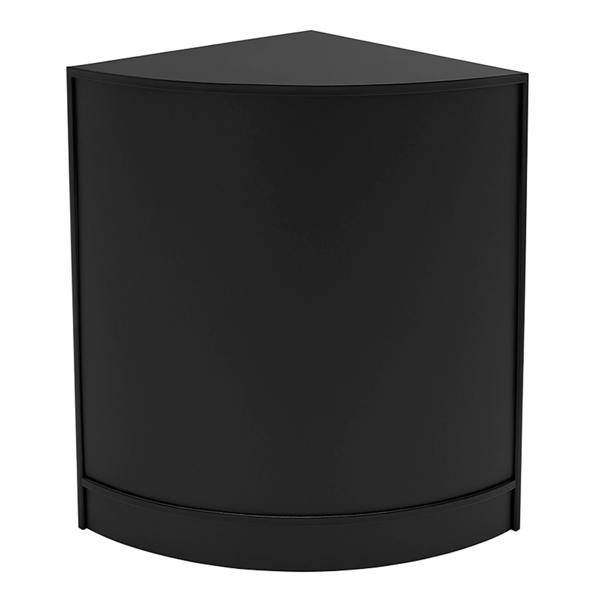 Black corner LED shop counter with a sleek design, smooth texture, and modern aesthetic, ideal for retail displays and promotions
