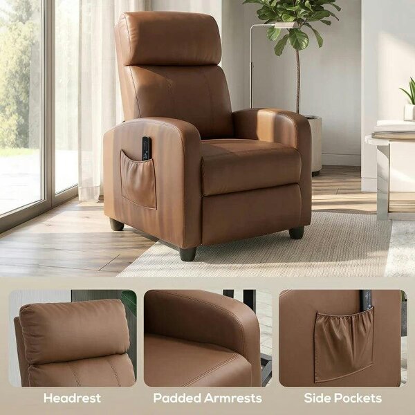 Recliner Armchair, Massage Faux Leather Push Back Reclining Chair with Adjustable Leg Rest, Side Pocket, Dark Brown
