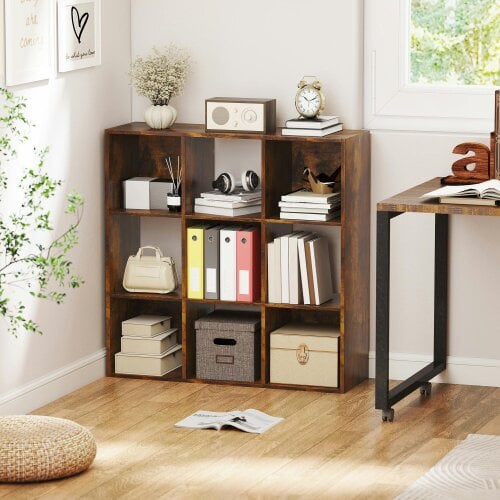 HOMCOM 9 Cube Storage Cupboard Bookcase Bookshelf Home Office, Black - 91.5L x 29.5W x 91.5H cm - Rustic Brown - 1