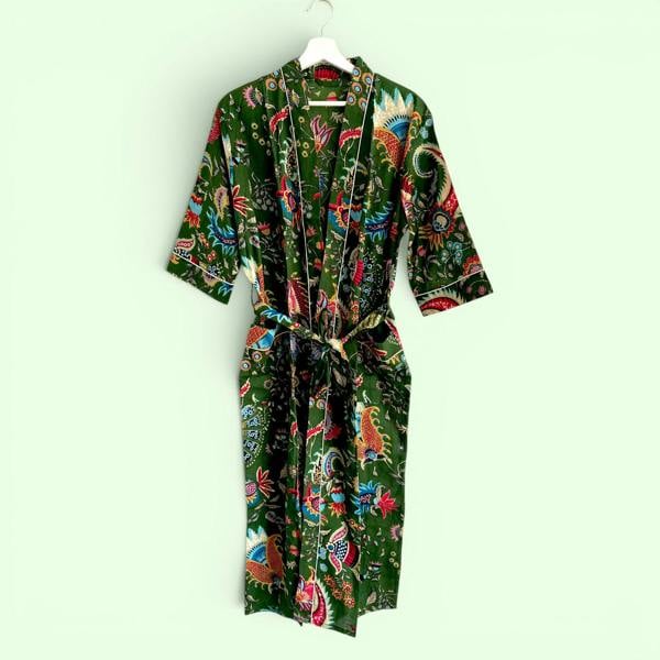 Hayley & Co Green Floral Block Print 100% Cotton Dressing Gown