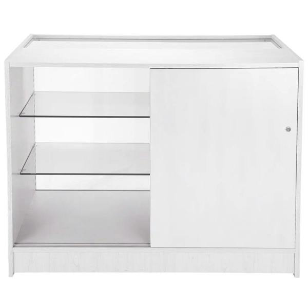 Brilliant white retail display set featuring a sleek shop counter with glass shelves and a smooth, modern cabinet door