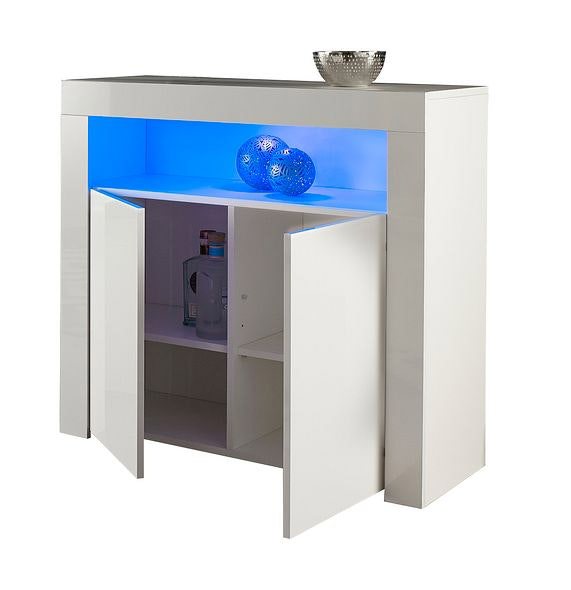 MMT Furniture Designs Modern Sideboard White Matt Gloss Buffet Plate Storage Cabinet with Blue LED Lights