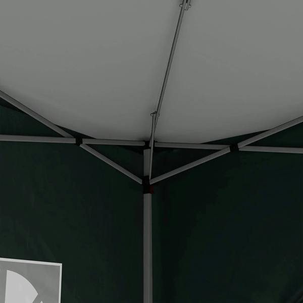 Green pop-up gazebo interior with white metal support frame and ceiling canopy