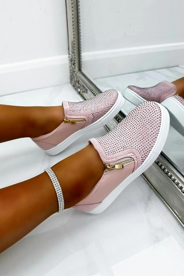 Crystal Suede Zip Pumps Pink Trainers, with emphasis on decorative zip
