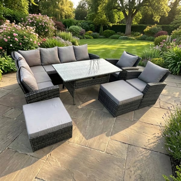 Fimous 10 Seater High Back Rattan Garden Furniture Set with Corner Sofa, Rectangular Dining Table, 2 Arm Chairs, 2 Footstools - Dark Grey