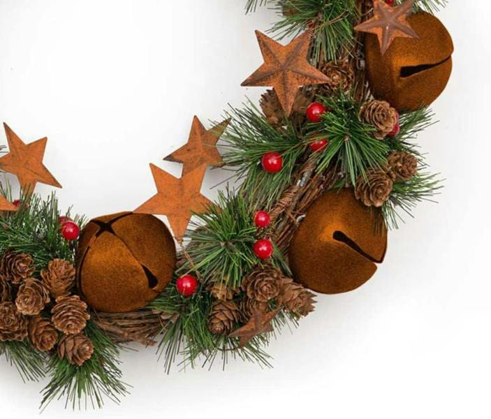 40cm Green Christmas Wreath with Bells and Stars, PVC Decorative Display for Home or Sheltered Outdoor Use image 4