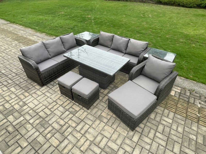 Fimous PE Rattan Outdoor Garden Furniture Sets Height Adjustable Rising lifting Dining Table Sofa Set with 2 Side Tables Reclining Chair 3 Footstools